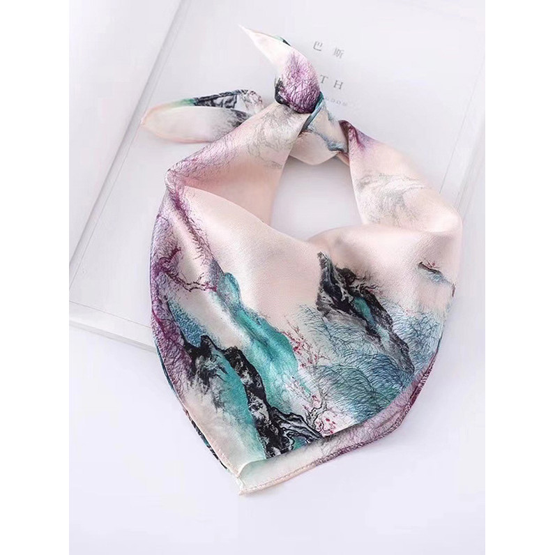 Lenço de seda feminino 2025 novo estilo High-End rosa verde rio montanha elegante cachecol amoreira seda pequeno lenço q