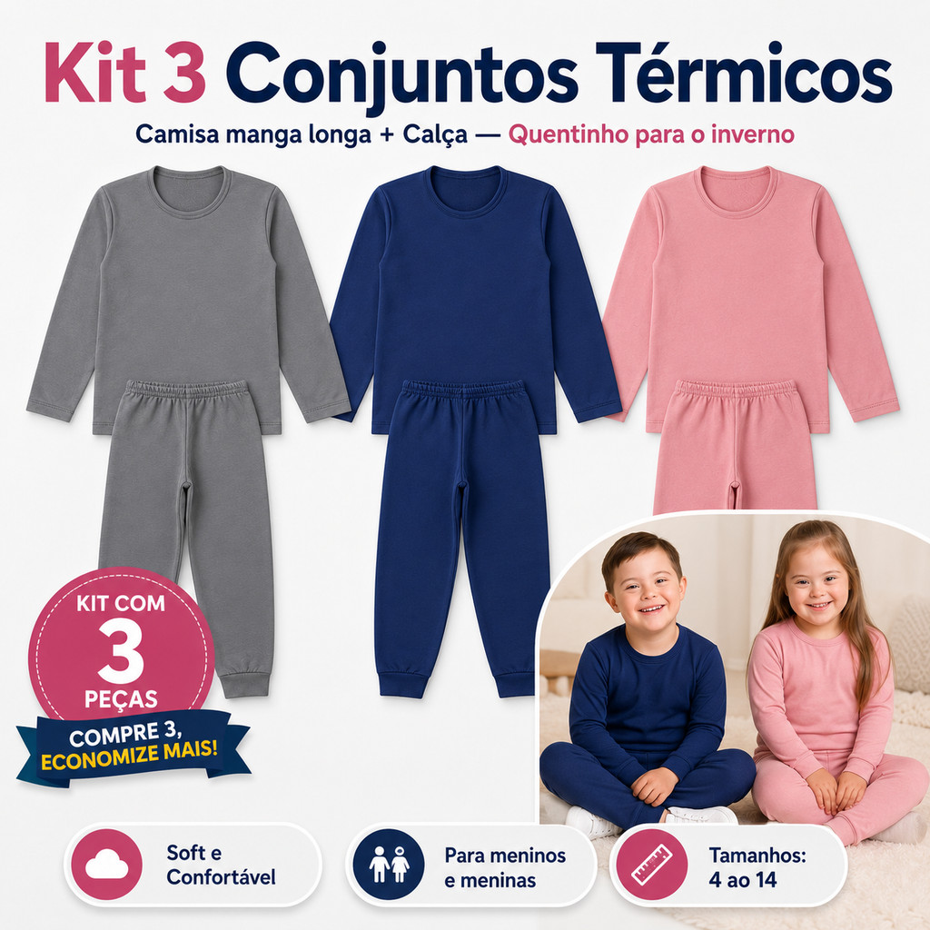Kit 3 Conjunto Termico Infantil Camisa e Calca Segunda Pele Peluciado Quentinho Frio Inverno