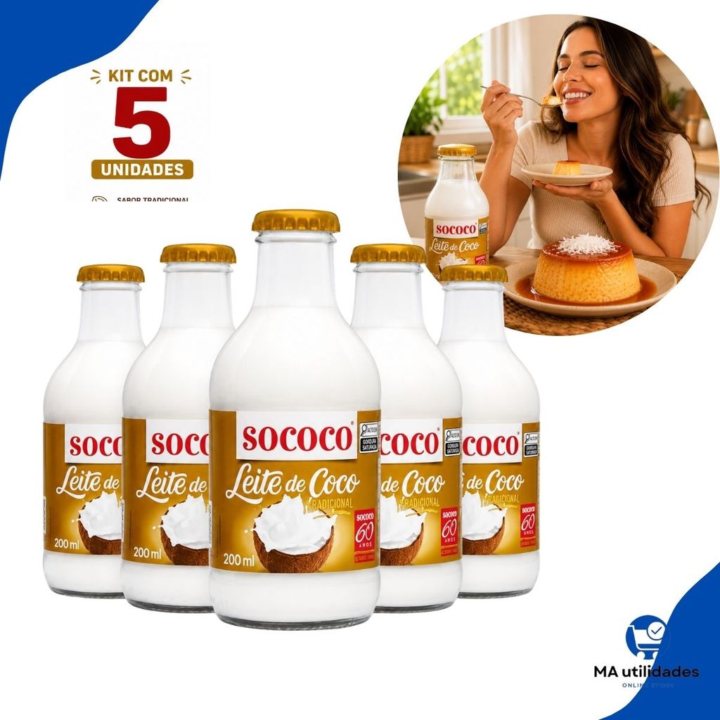 Leite De Coco Sococo 200ml Tradicional Vidro Kit C/5Unidades