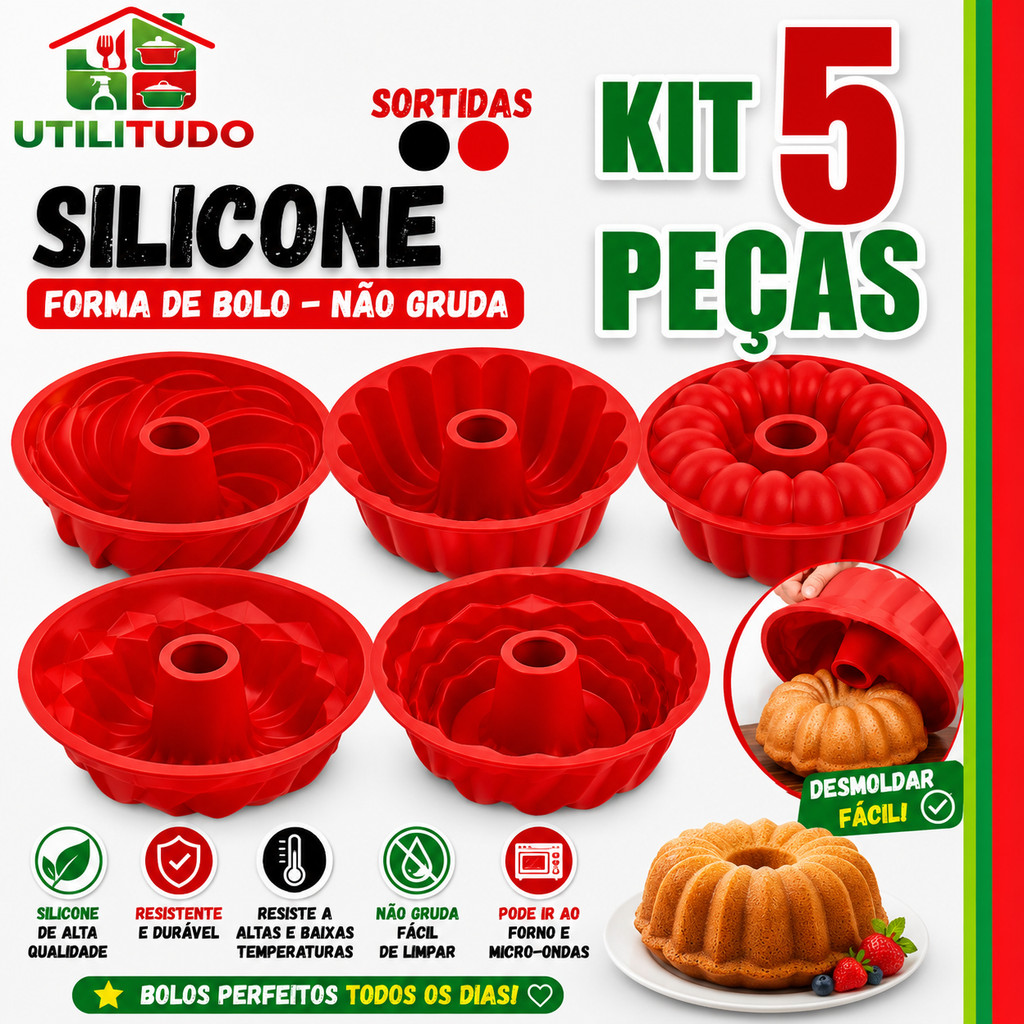 Combo 5 Formas de Bolo Silicone Assadeira Redonda Pudim Mousse Aer Fryer Forno Cor Sortida Utilidades