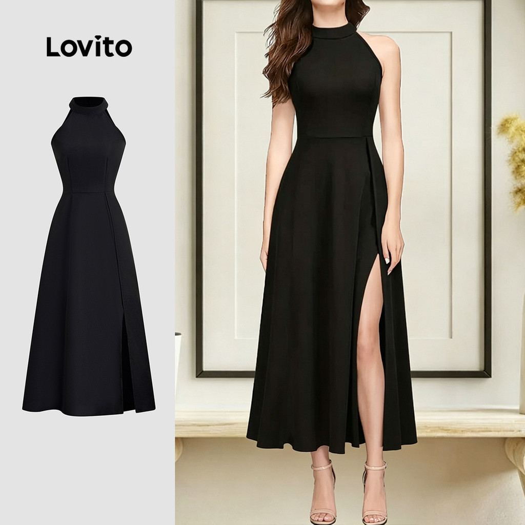 Lovito Elegante Vestido Frente Aberta Simples para Viagem Primavera/verão Preto para Mulheres L172ED773