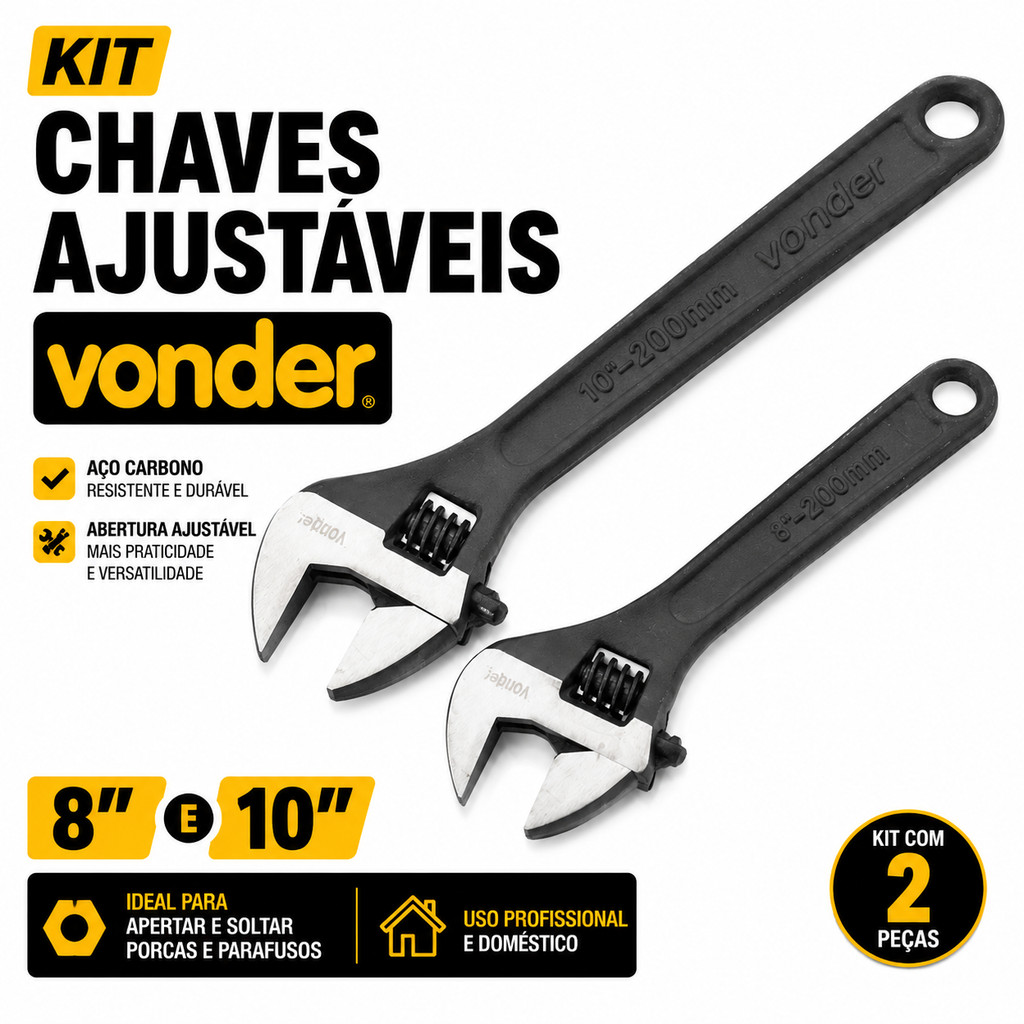 Kit com 2 Chaves Inglesas Ajustáveis 8" e 10" Profissionais Vonder