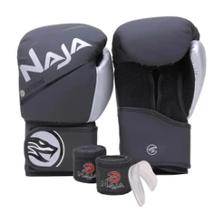 Kit Muay Thai/boxe Com Luva Naja Extreme, Bucal, Bandagem E Bolsa Prata 14oz