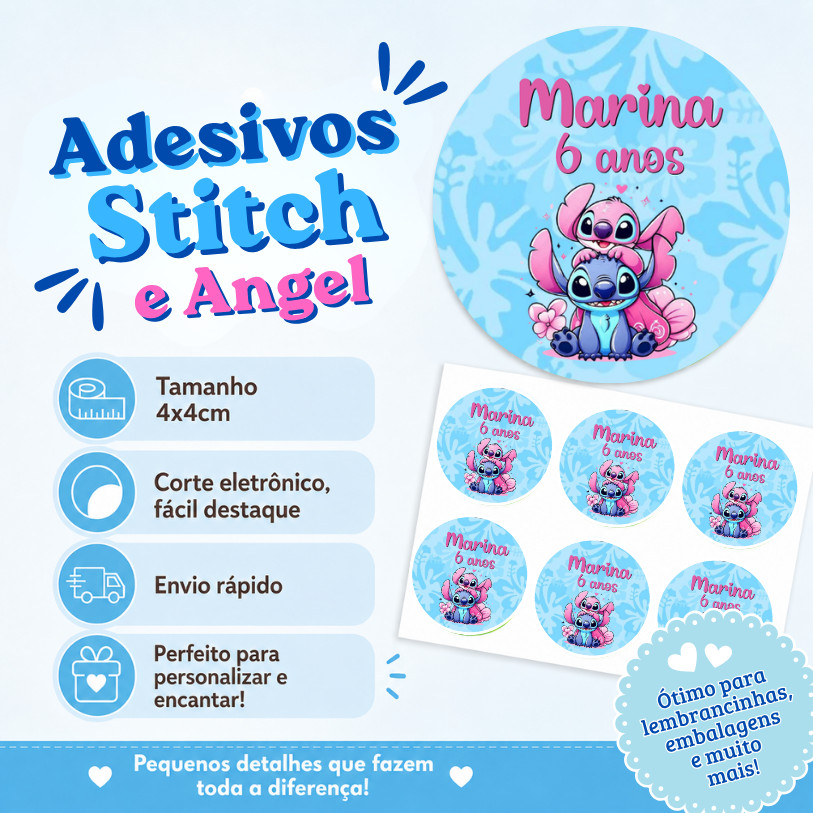 Adesivo Personalizado Stich e Angel 4x4 | Lembrancinha | Festa Infantil | Aniversário