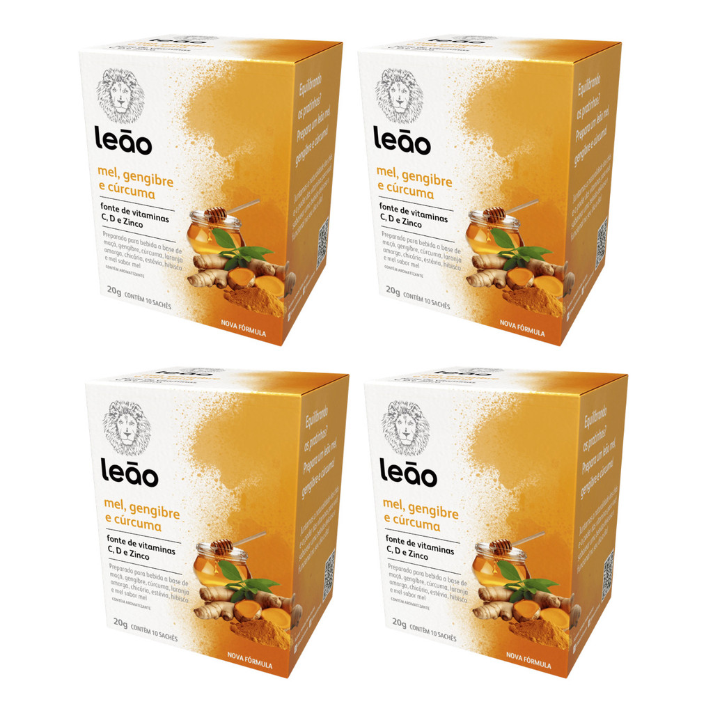 Kit com 4 Chá Vitamínico Mel, Gengibre e Cúrcuma 10 Sachês Leão