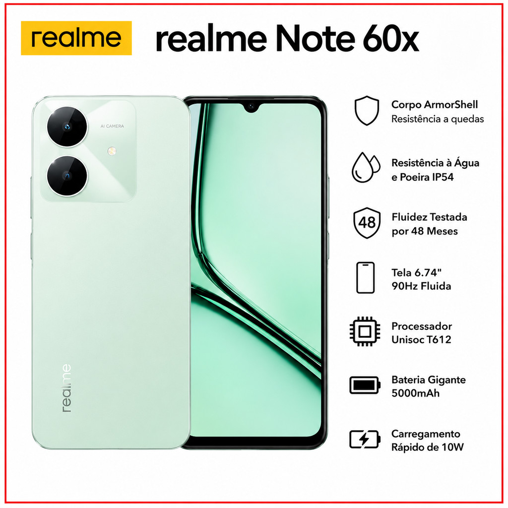 Celular Realme Note 60x 64GB Dual Sim 3GB RAM, Tela 6.74" 90Hz, - Global Original Lacrado