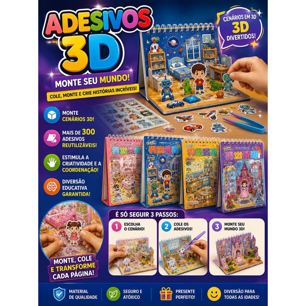 Livro Interativo 3D Monte Seu Mundo 6 Cenários + Pinça Anti Stress