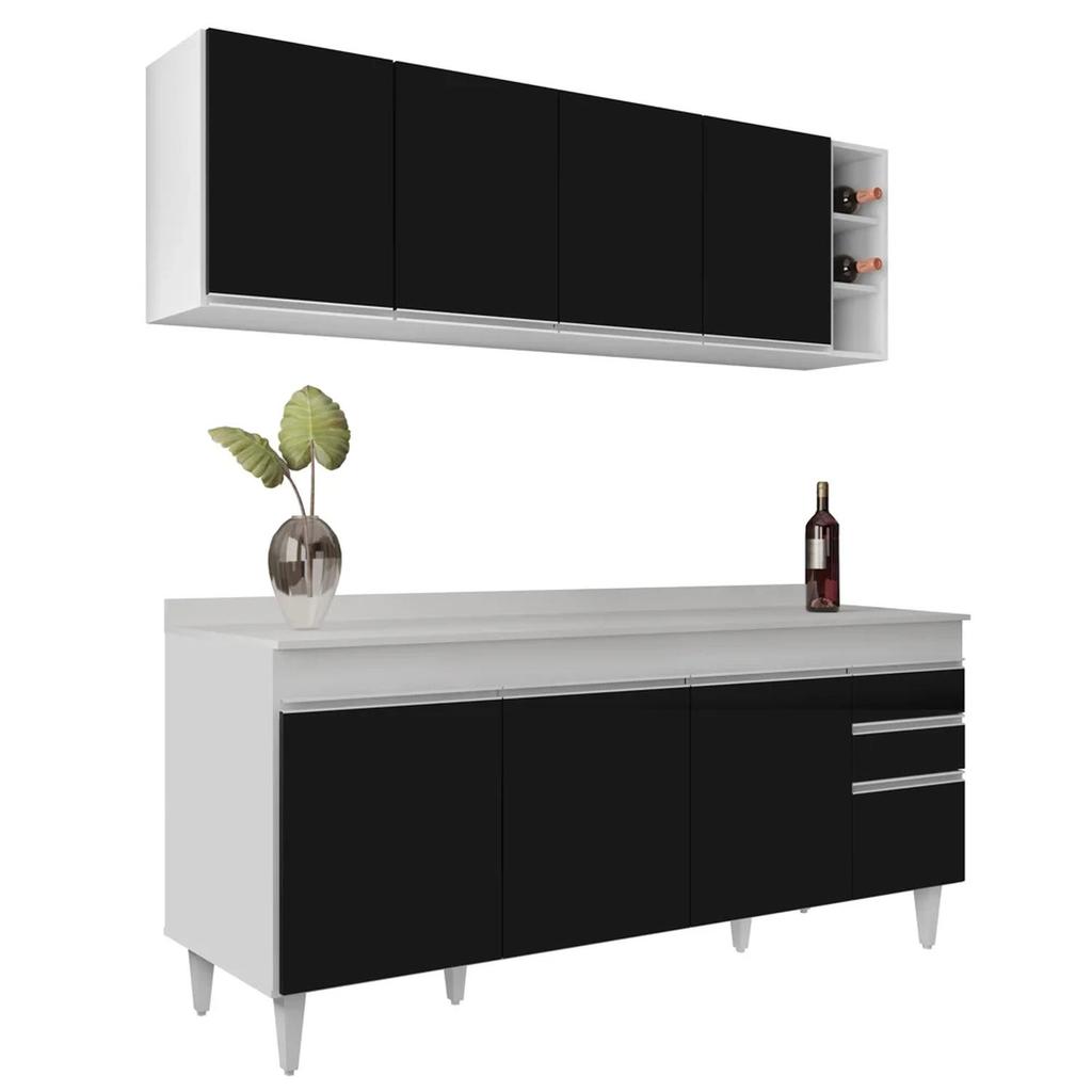 Armário Nevada e Balcão 180cm com Tampo Dallas Branco/Preto - Lumil