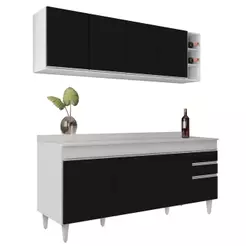 Armário Nevada e Balcão 180cm com Tampo Dallas Branco/Preto - Lumil