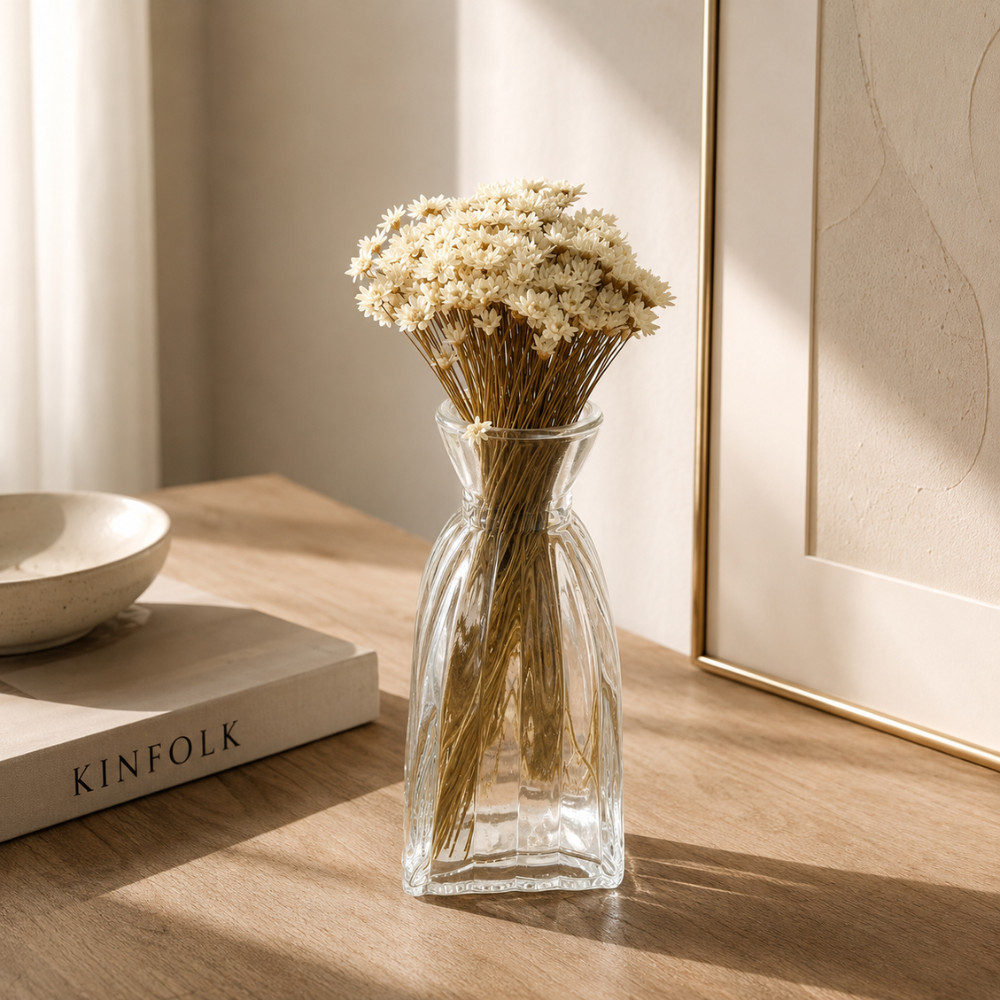 Vaso de Vidro Provençal Pequeno com Sempre Viva – Decoração para Sala, Aparador, Lavabo, Painel