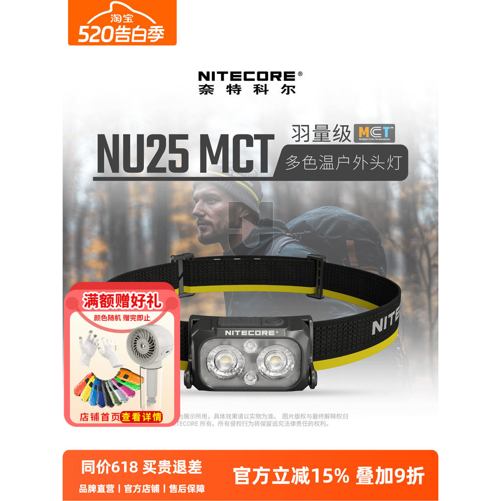 Knight Cole NU25 MCT Farol leve multicolorido temperatura montanhismo ao ar livre farol portátil montado na cabeça recar