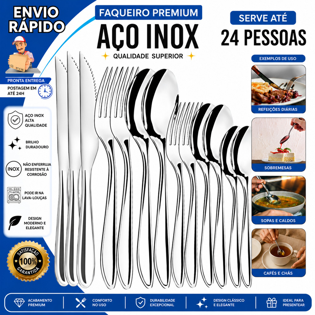 Faqueiro 36/72/108/144 Peças Talheres de Inox Colher Garfo Faca Colher de Sobremesa Garfo de Sobremesa e Colher de Chá
