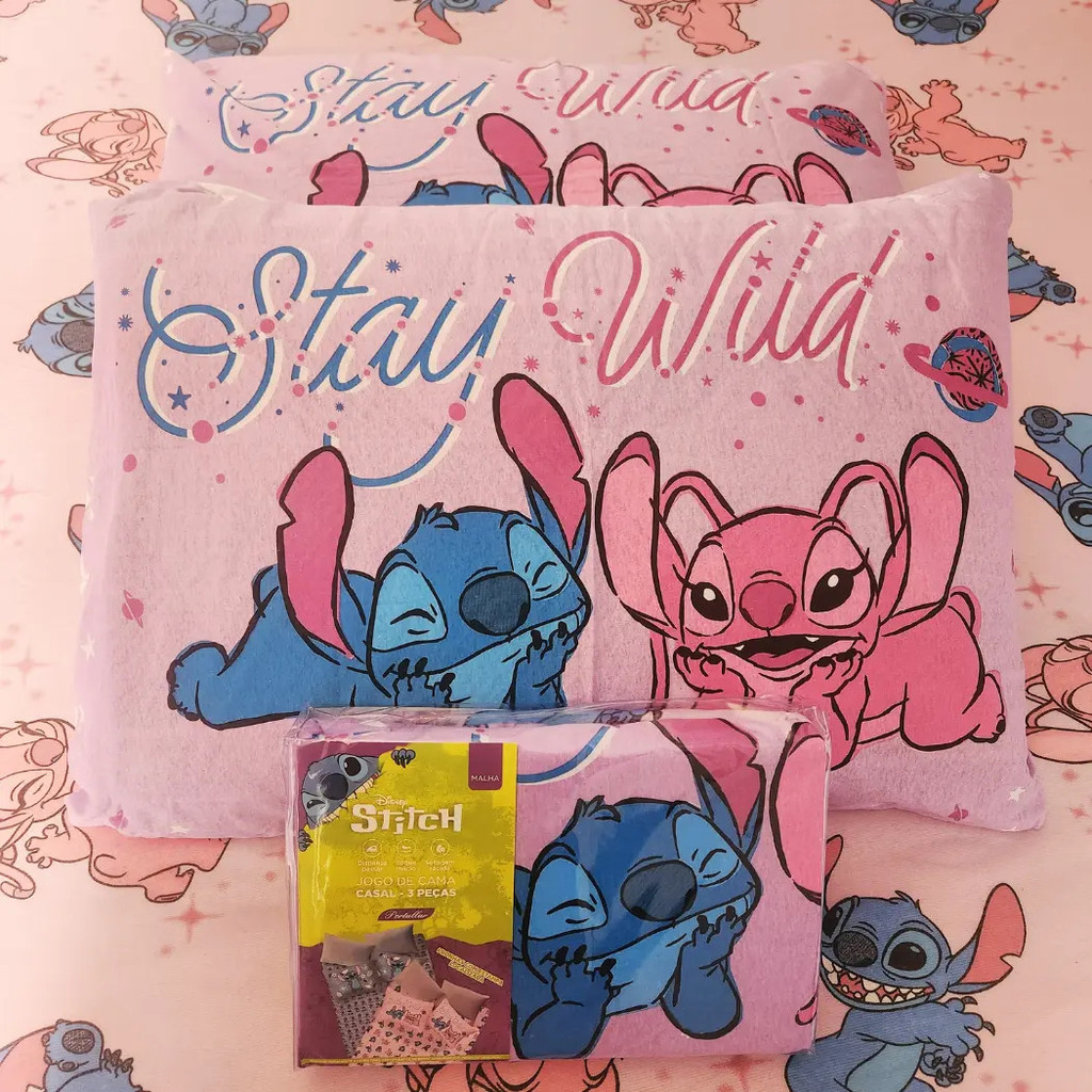 Jogo De Cama Casal Lilo Stitch E Angel Disney 3 Peças Rosa