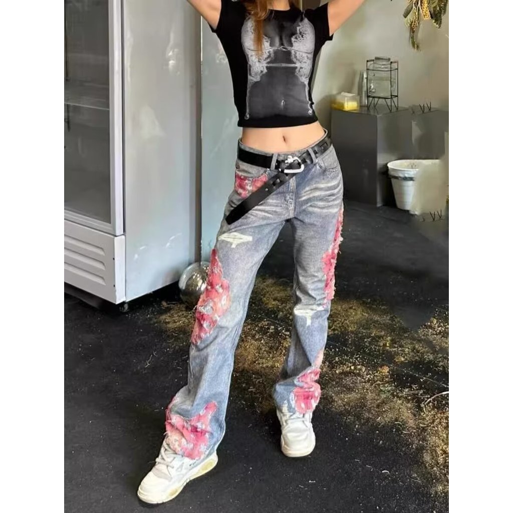 Único Graffiti azul lavado rasgado Jeans masculino verão em linha reta americano Retro piso-mopping calças rua Wear tend