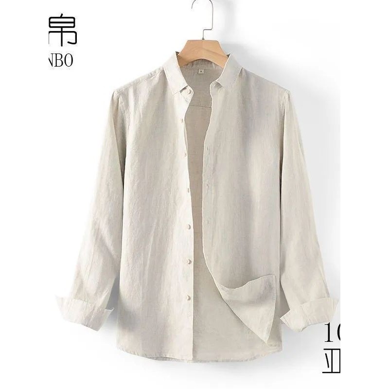 Camisa de linho masculina lapela manga longa novo estilo camisa de linho de algodão estilo fino solto Casual primavera o
