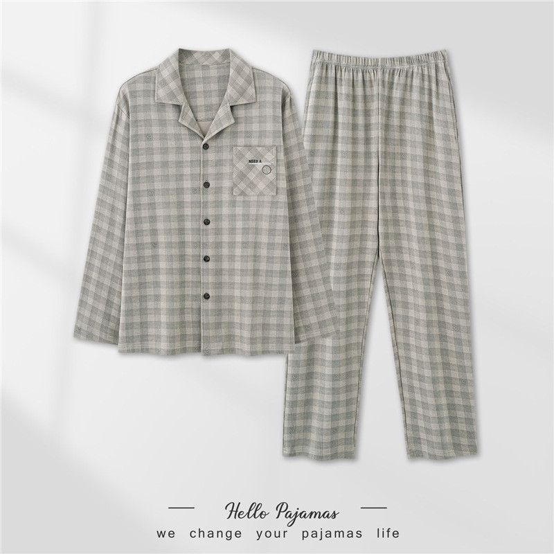 Pijamas masculinos primavera outono puro algodão manga comprida Cardigan High-End terno juventude Casual verificado algo
