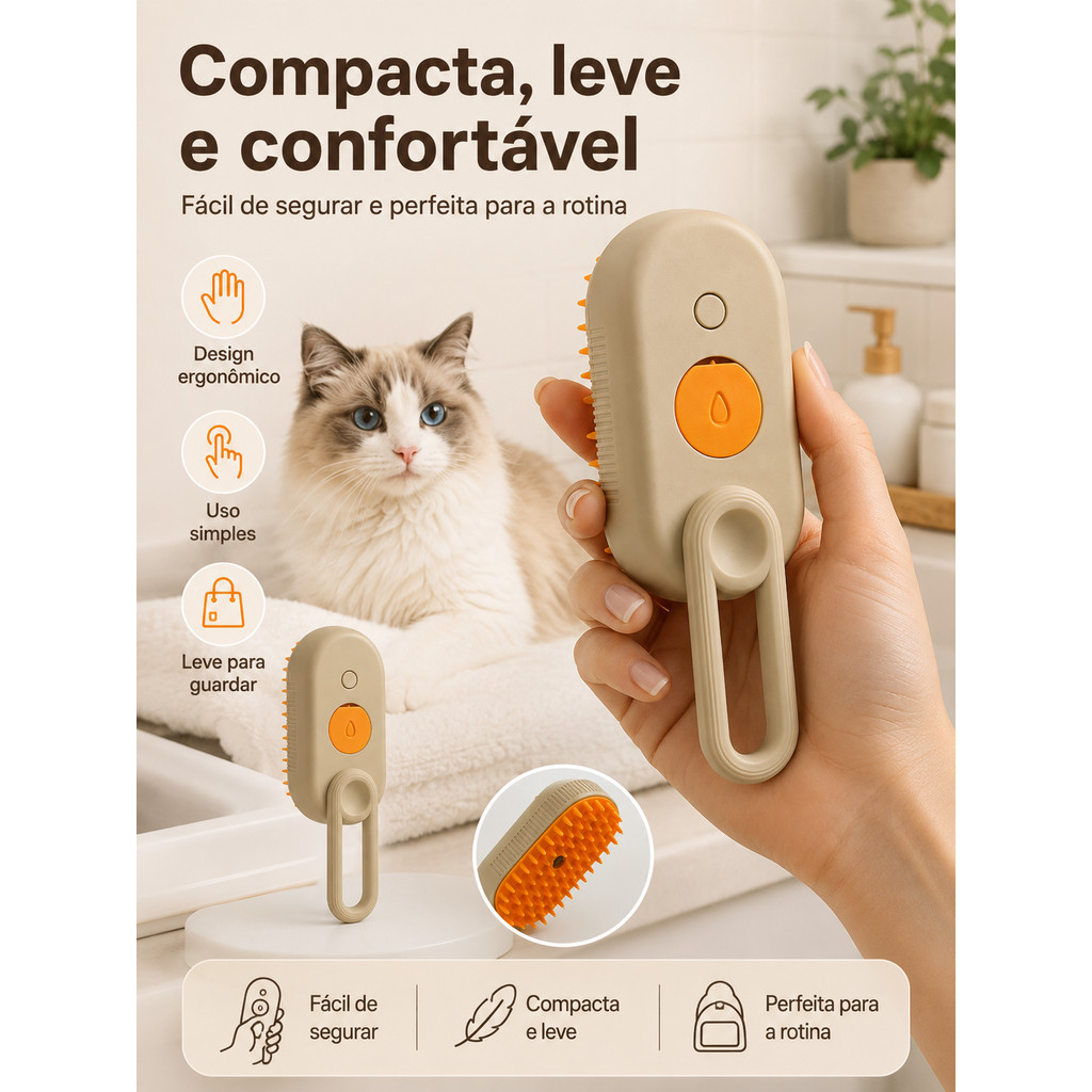 Escova Elétrica a Vapor 3 em 1 para Cães e Gatos, Removedor de Pelos com Massagem e Limpeza