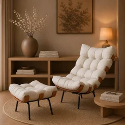 Poltrona com Puff Linho Bege Médio Costela 67cm Bege Médio
