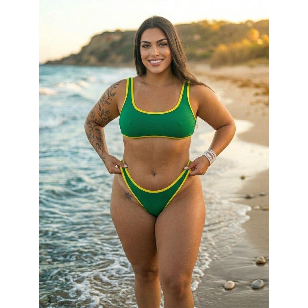 Biquíni Brasil Copa Plus Size:  TTop Cropped + Asa Delta Cintura Alta | Forrado em Suplex Premium