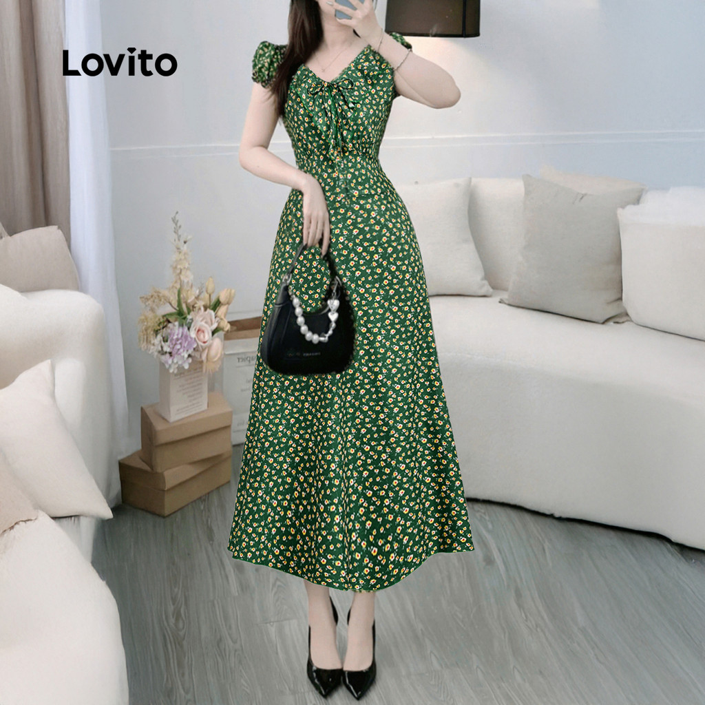 Lovito Férias Vestido Com Laço Babados E Estampa Para Primavera/Verão Elegante Verde Para Mulheres L178ED376 · foto 2