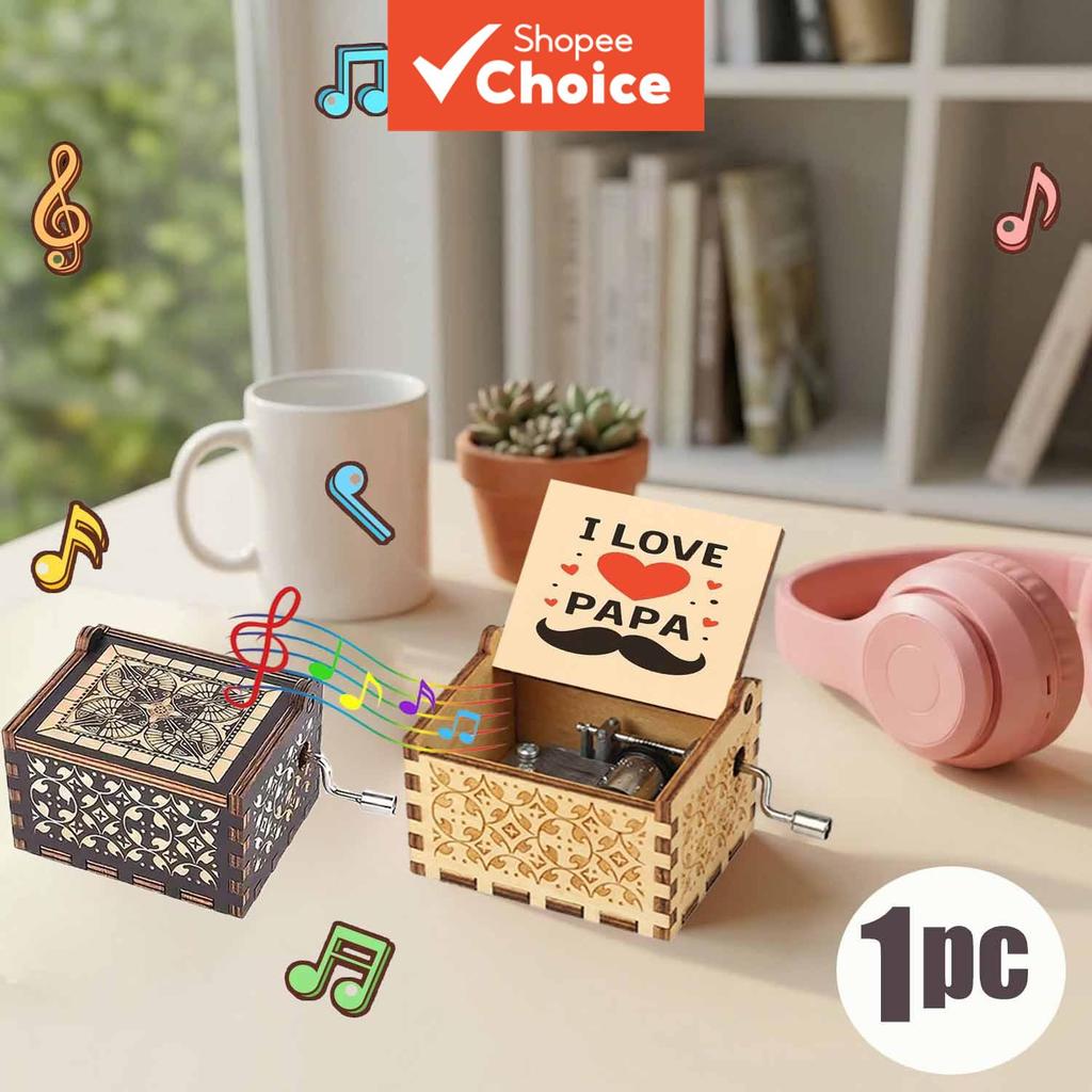 1 peça Caixa de música de madeira vintage decorativa com padrão I LOVE PAPA, presente de feriado para pai, presente de