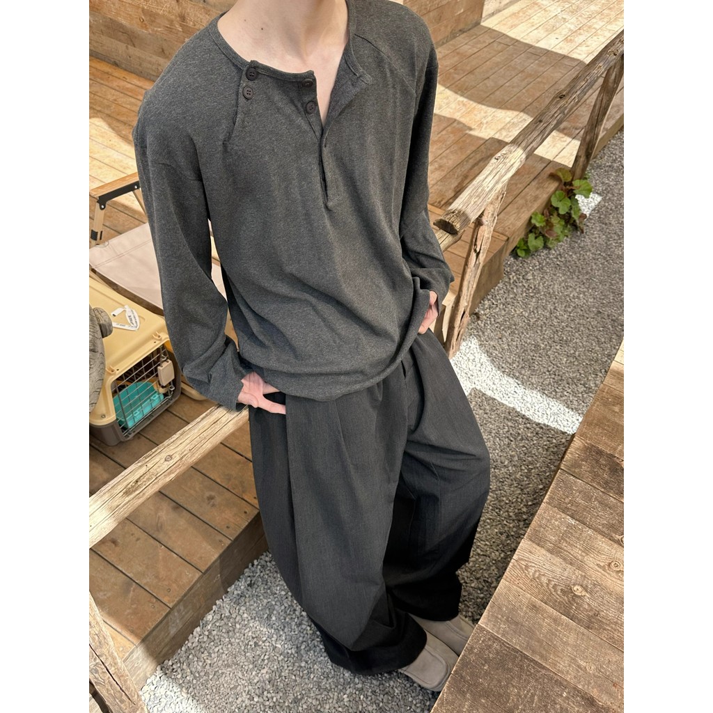 Primavera outono americano preguiçoso casual botão aberto Henry colarinho de manga comprida camiseta masculina feminina 