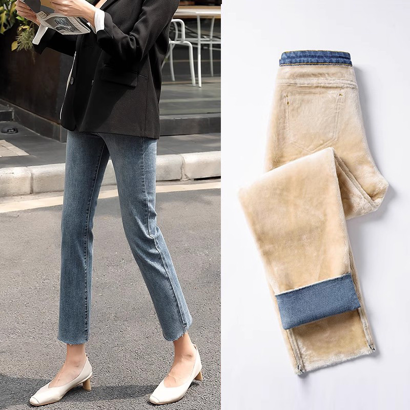 Cintura alta engrossado forro de lã Jeans feminino inverno 2025 novo estilo pequeno tubo de cigarro mais magro olhar tor