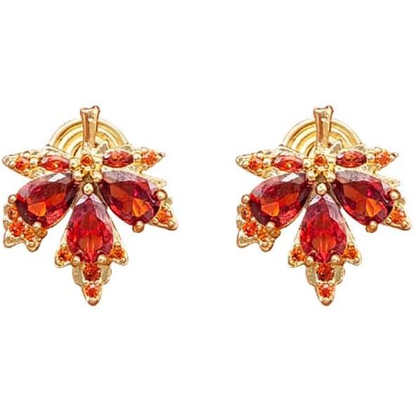 Brincos delicados em formato de folha de bordo, sem furo, para mulheres, com zircônia cúbica e cristal vermelho, brincos