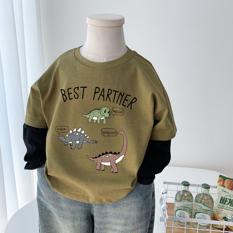 Crianças dinossauro camiseta de manga comprida meninos falso camisa de fundo de duas peças primavera outono na moda lega