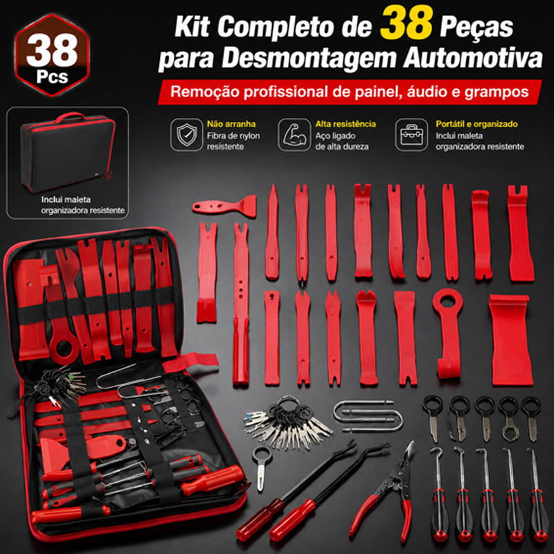 Jogo Espátulas Nylon Alicates Saca Grampos Presilhas Automotivo 38 Peças  + Maleta Organizador