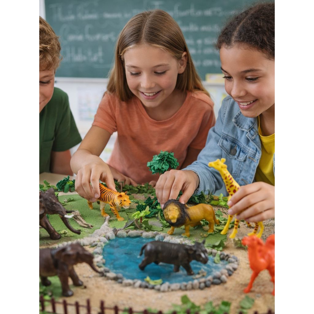 Kit Animais Selvagens 16 Peças, Animais da Savana, Brinquedo Infantil,  6 Animais Diferentes,  Trabalho Maquete Escolar