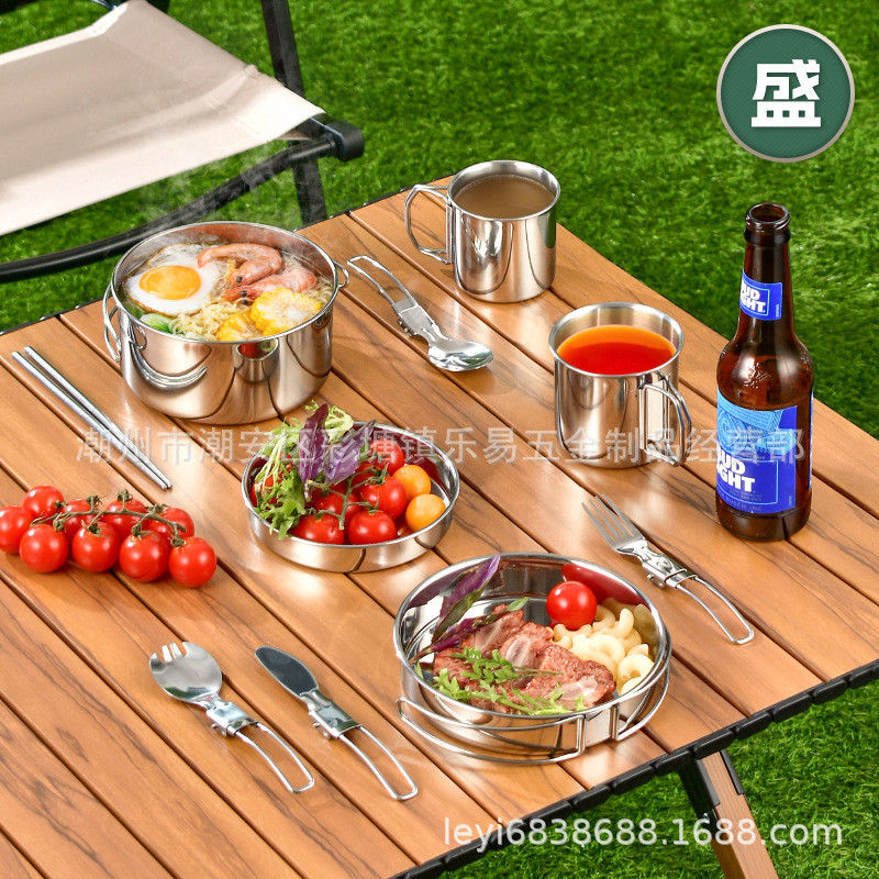 Conjunto de utensílios de cozinha e mesa para acampamento ao ar livre, em aço inoxidável 304, incluindo panela, frigidei