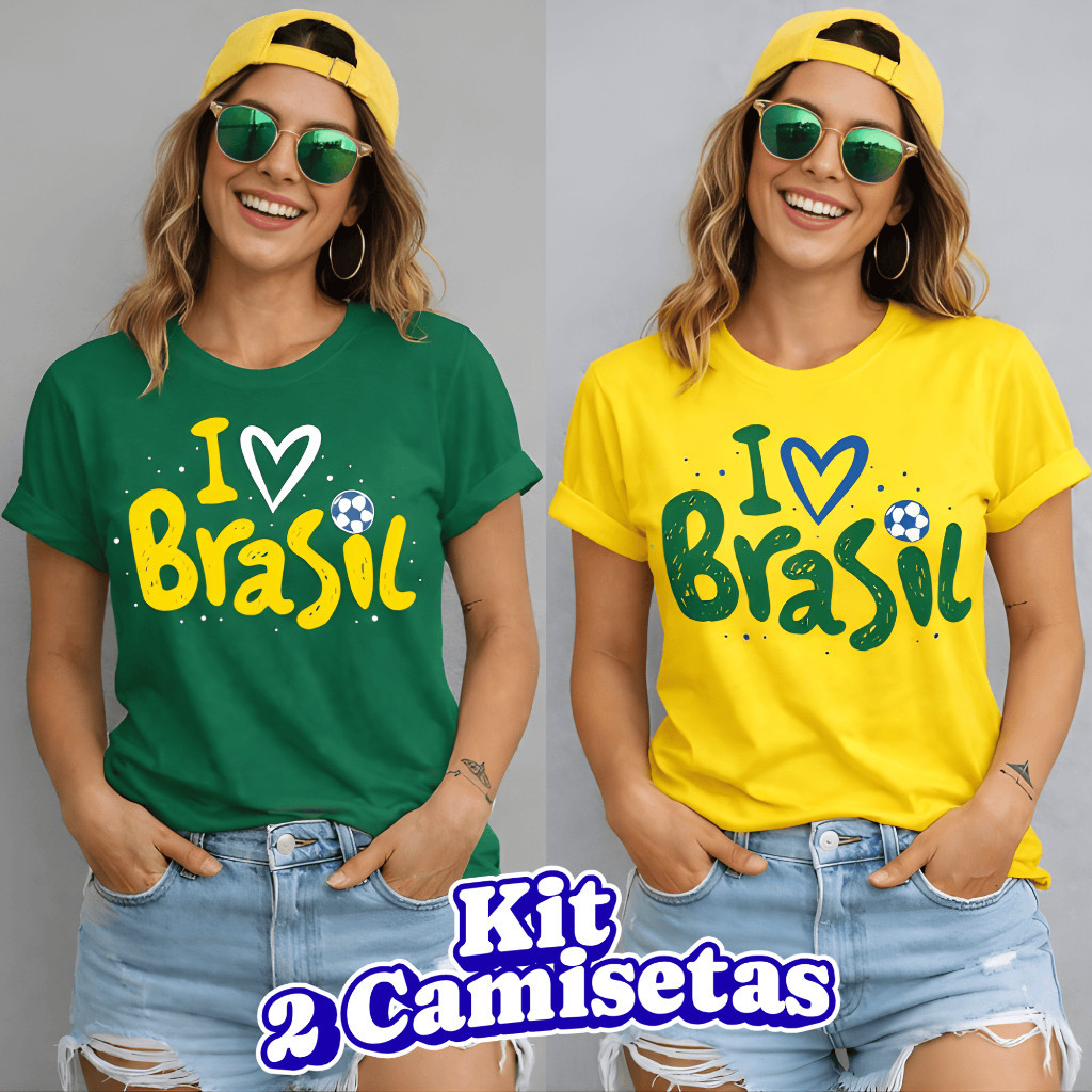 Kit 2 Camisetas Femininas Estilosa Copa Do Mundo Futebol Brasil Camisa Blusinha 100% Algodão