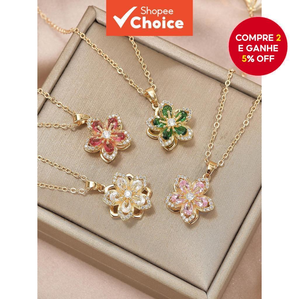 Feminino 1 Peça De Cobre Incrustado Zircônia Cúbica Bauhinia Flor Rotativa Luz Colar De Moda De Luxo