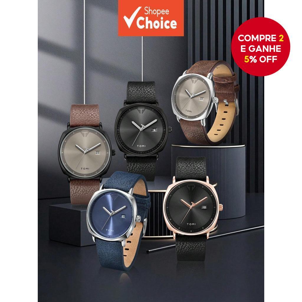 Relógio De Quartzo TOMI Para Homens Retrô Pulseira De Couro Marrom Exibição De Data Pulso Masculino Casual De Negócios