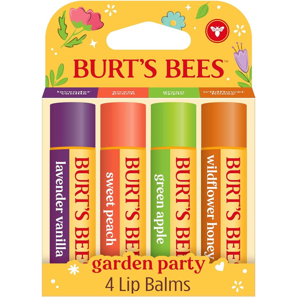 Burt's Bees Kit com 4 Bálsamos Labiais Hidratantes de 24 Horas: Lavanda e Baunilha, Pêssego Doce, Maçã Verde, Mel de Flo