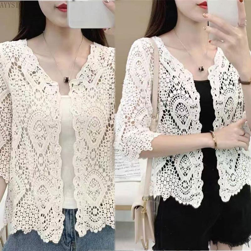 AYYS Feminina Hollowout Crochê Malha Floral Suéter 3 4 Cropped Cardigan Coverup Cottom Encolher