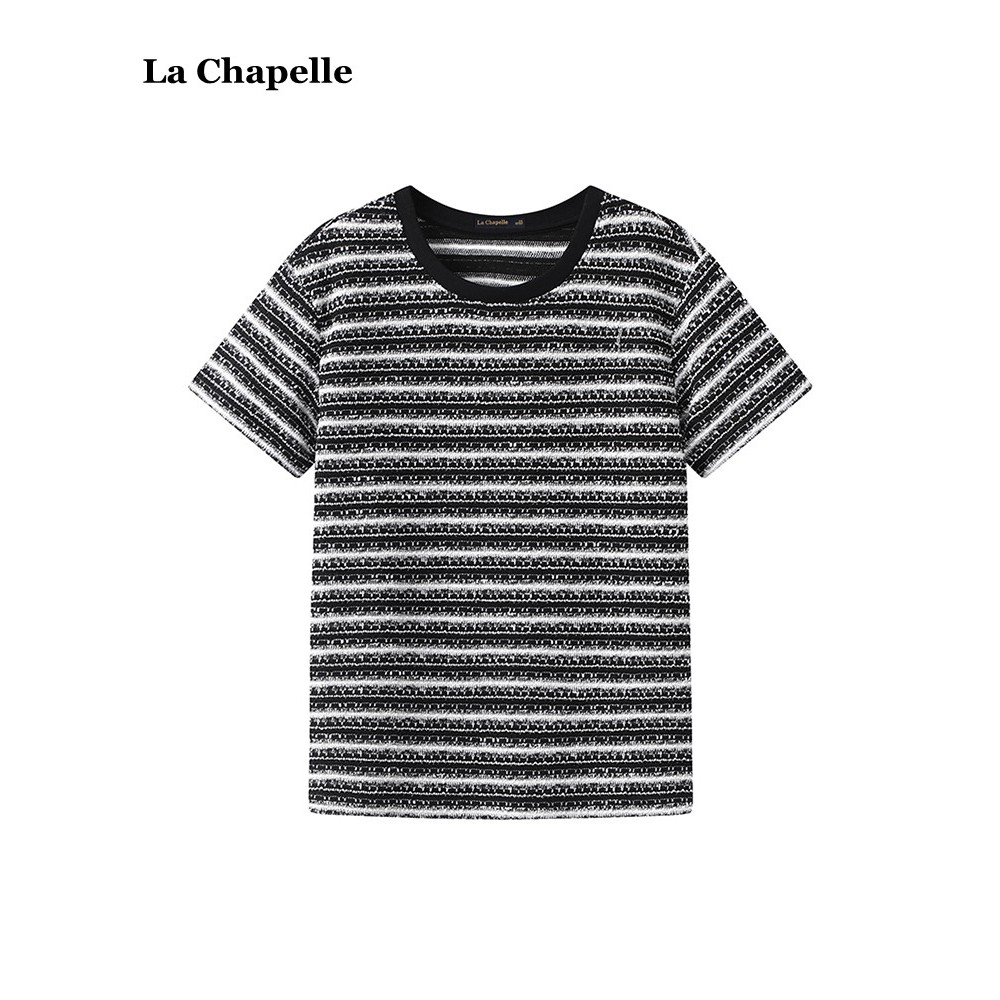 La Chapelle/La Chapelle Preto Branco Listrado Camiseta de Manga Curta Feminina Verão Novo Estilo Top Solto