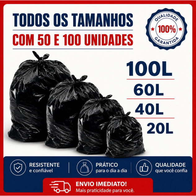 Saco De lixo Preto com 100Unidades 20L/40L/60L-100Litros