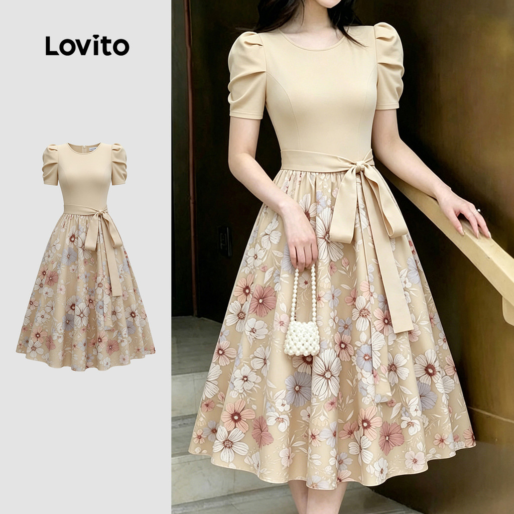 Lovito Vestido Casual com Padrão de Cores para a Primavera/verão feminino LK6ED064