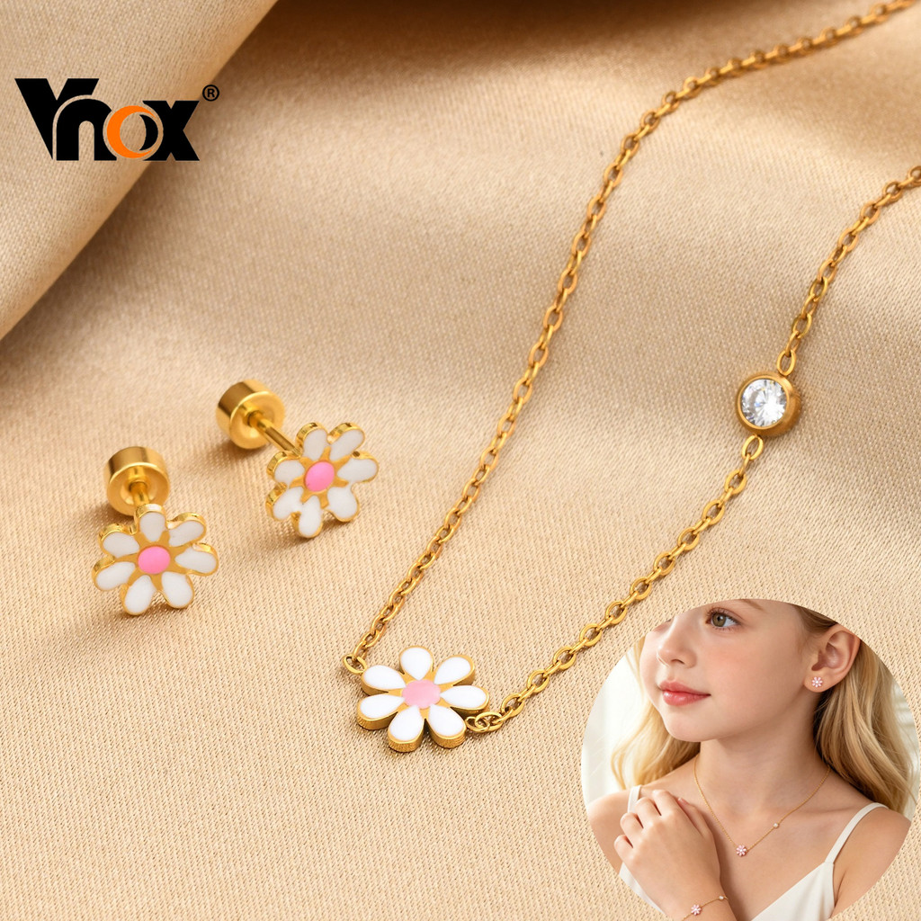 Conjunto De Joias De Flor De Zircônia Rosa De Aço Inoxidável Vnox Para Bebês Meninas , Kit De Brinco De Colar Infantil ,