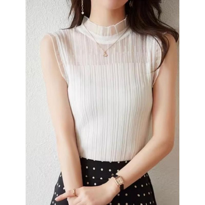 Suéter branco de renda, camisa de fundo de malha, camisola francesa sem mangas, gola meia alta, terno interno