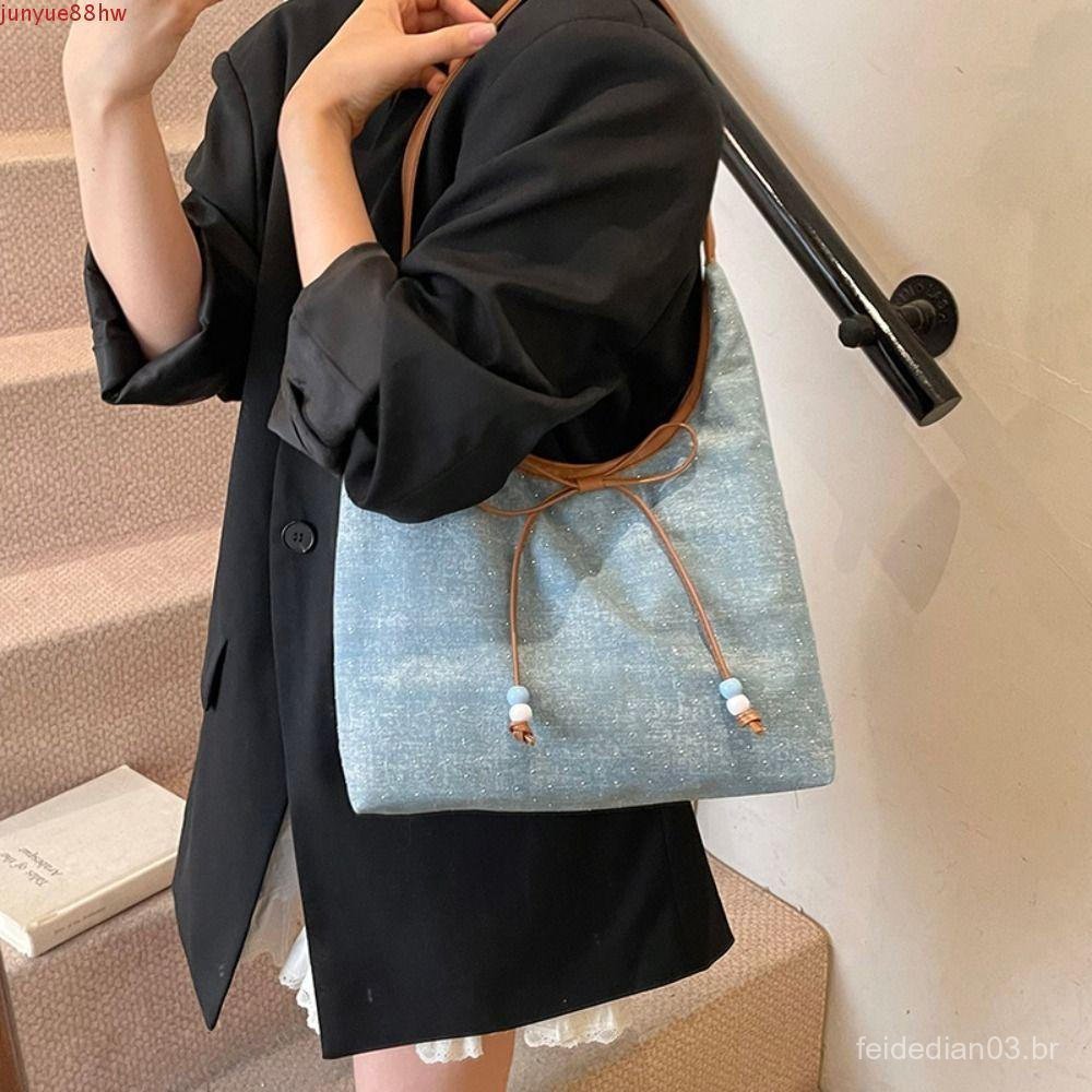 JUNYUE Bolsas De Ombro Com Laço , Bolsa Axilar Jeans De Alta Capacidade De Tecido , Sacola De Lona Versátil Para Lazer D