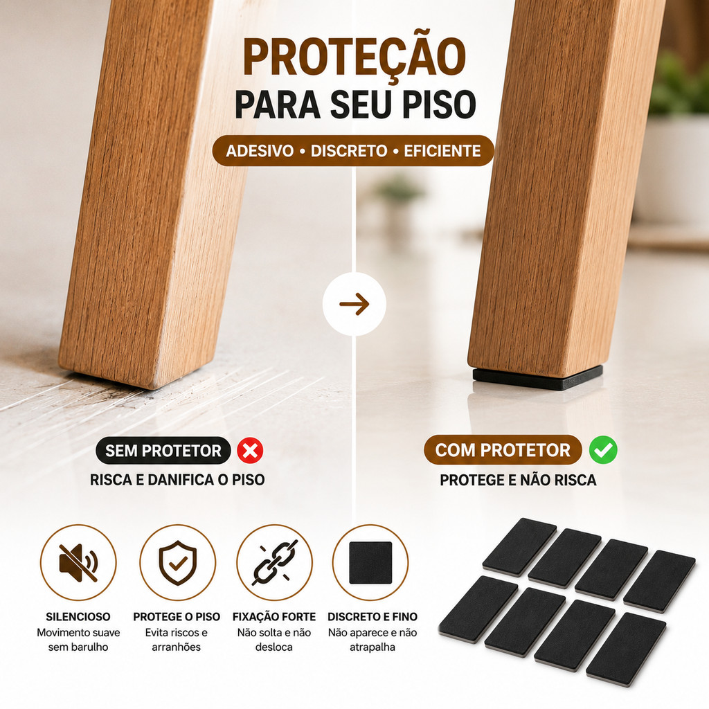 Kit 12 Protetores Borracha Retangular Para Pé de Cadeira Mesa Móveis Autoadesivo Anti Risco