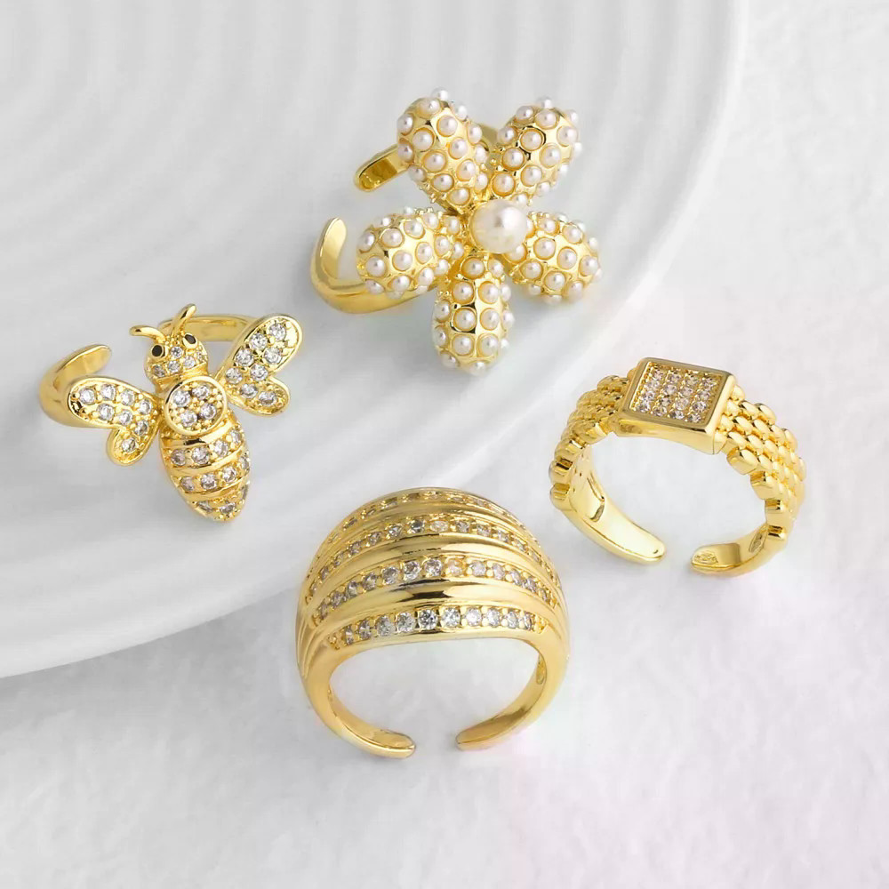 Anel Feminino com Imitação de Pérola e Flor, Cobre Banhado a Ouro com Abelha de Cristal, Joia de Moda rigp05 QY7W