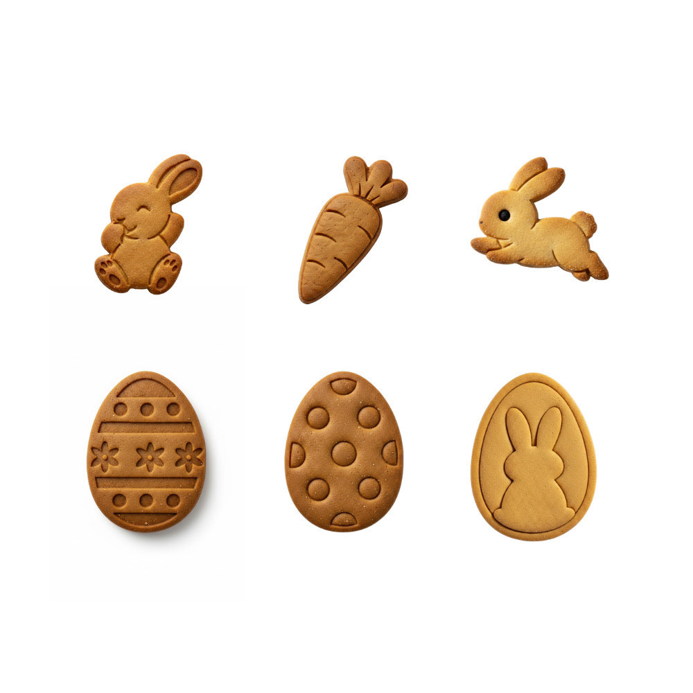 Kit 6 Cortador Marcador Biscoito Cookie Páscoa Coelho Ovo Cenoura Pasta Americana Biscuit Confeitaria Festa Lembrancinha
