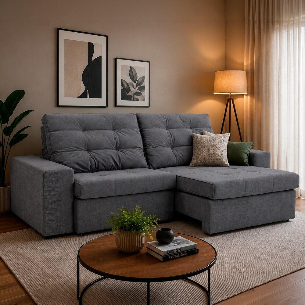 Sofá Retrátil e Reclinável 3 Lugares Herval Zara Cinza, 250 cm