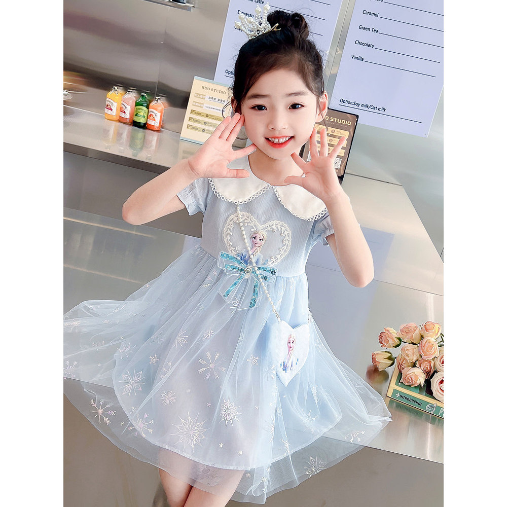 Bebê menina verão gola boneca elsa vestido de princesa congelado de manga curta elsa vestido de gaze vestido de verão
