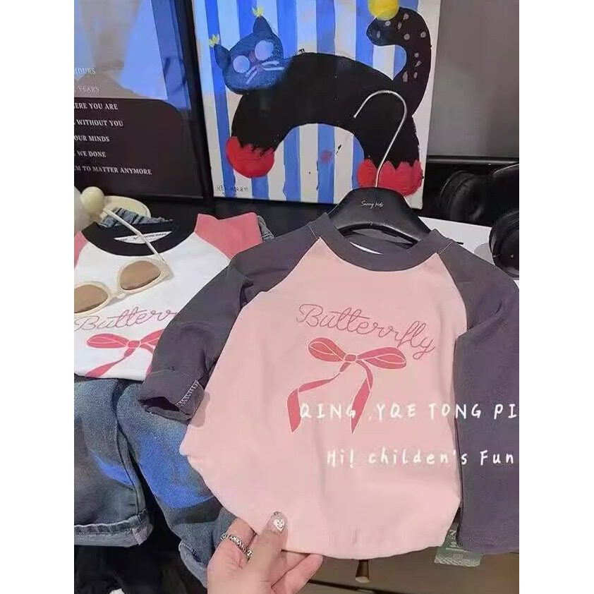 2024 primavera outono novo estilo elegante. crianças Bowknot manga comprida camiseta bebê menina estilo ocidental redond