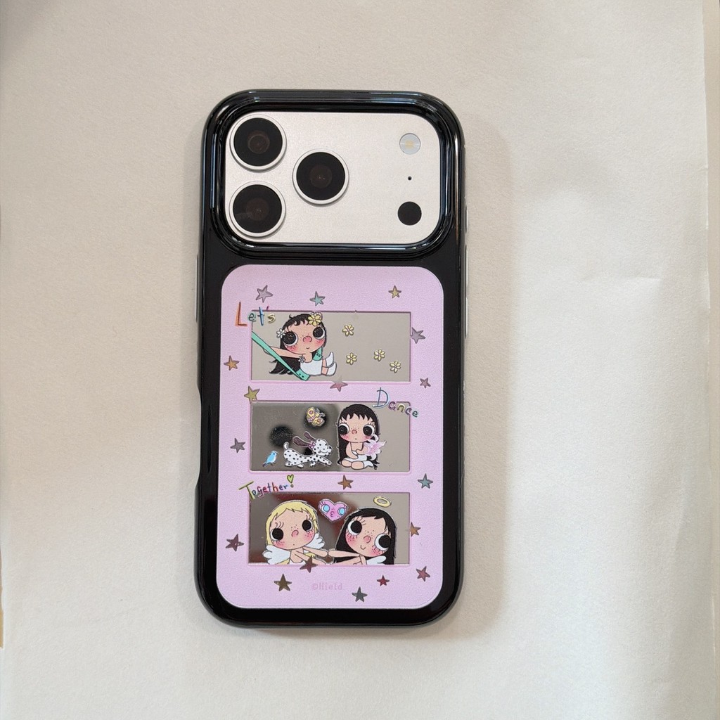 Capa para IPhone Popular, novo estilo, fofa, borda redonda, superfície espelhada, capa espacial, rosa, estrelas, flores,